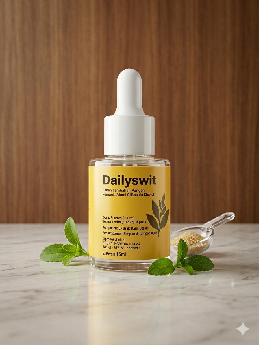 Botol Dailyswit Stevia Drop dengan daun stevia segar di atas meja marmer