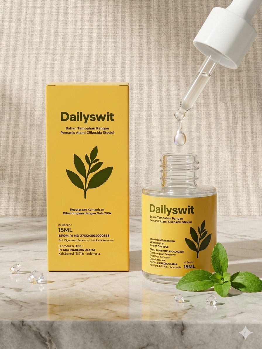 Tetesan Dailyswit dari pipet di atas botol, dengan kemasan dan daun stevia