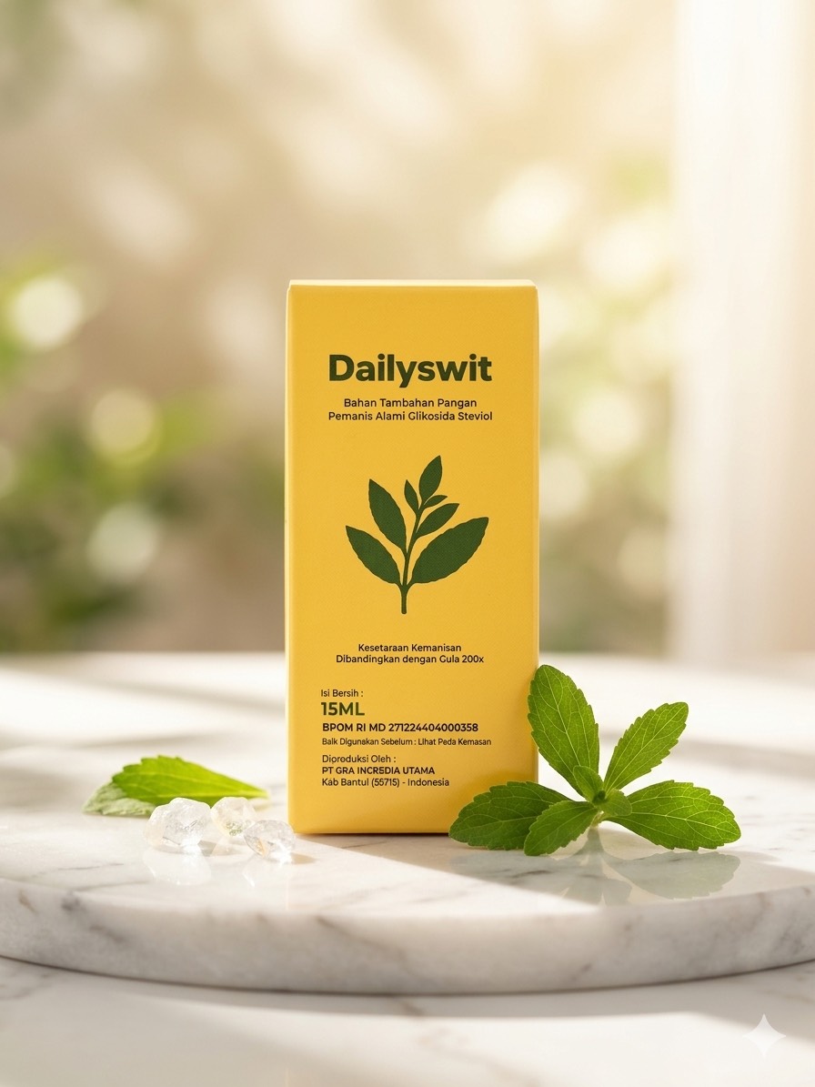 Kemasan Dailyswit Stevia Drop 15 ml berdiri di samping daun stevia segar