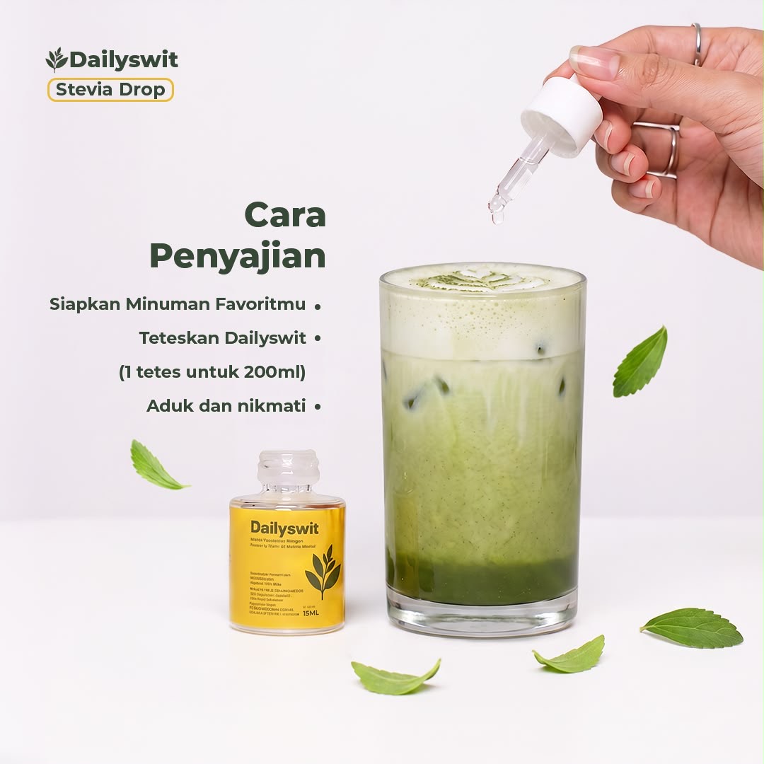 Cara penyajian Dailyswit: teteskan ke minuman favorit lalu aduk