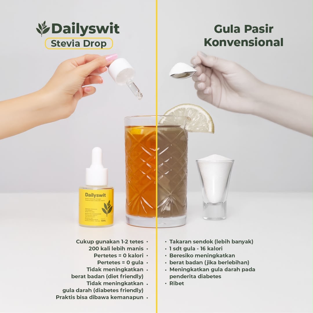 Perbandingan Dailyswit Stevia Drop dengan gula pasir konvensional: cukup 1–2 tetes, 0 kalori, 0 gula, dan praktis dibawa